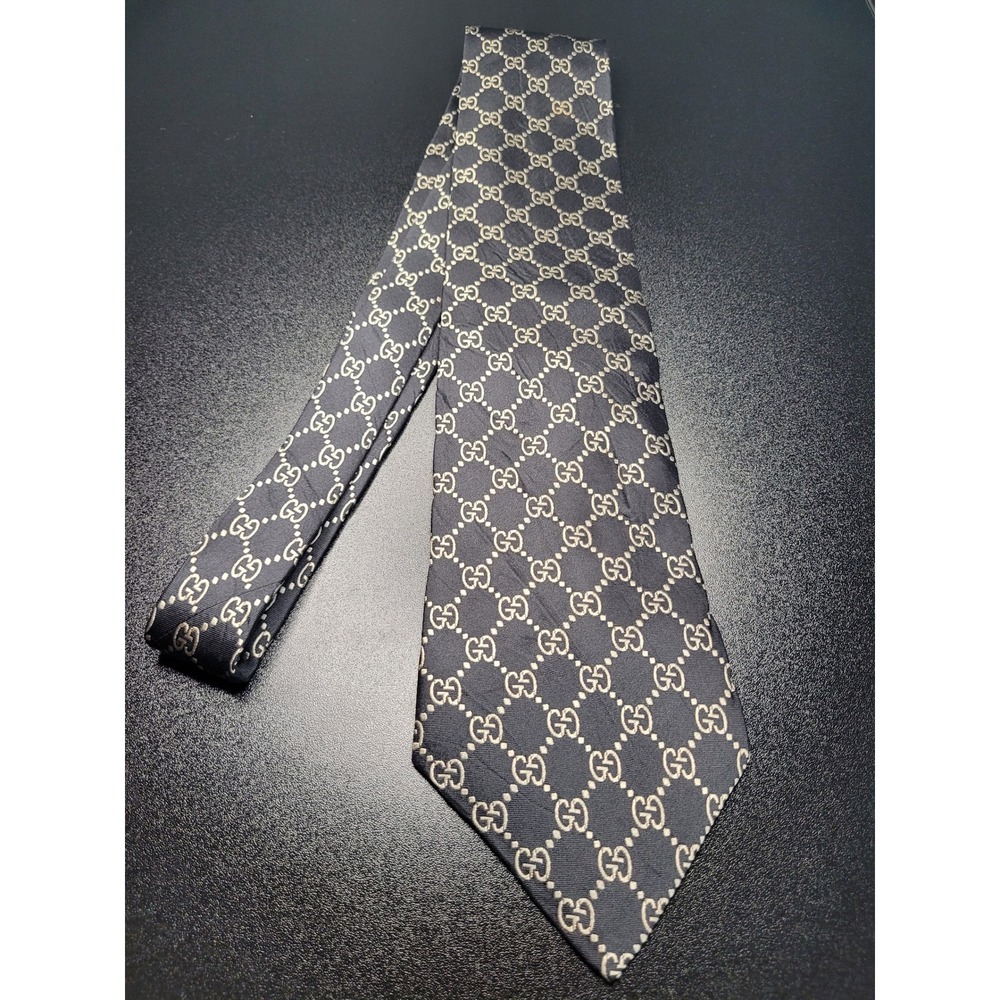 Gucci Men's Necktie Black GG Monogram Silk 3.75" x 58" Excellent - Picture 6 of 6